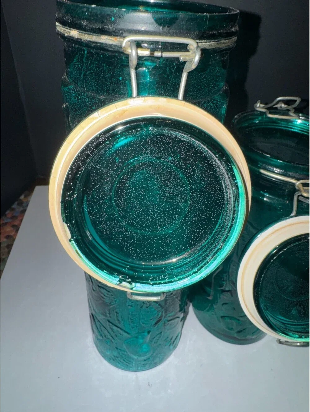 Vtg Mcm Emerald Green Fruit, Grape Design Glass Canister Set Wire Bail Lids 3pc
